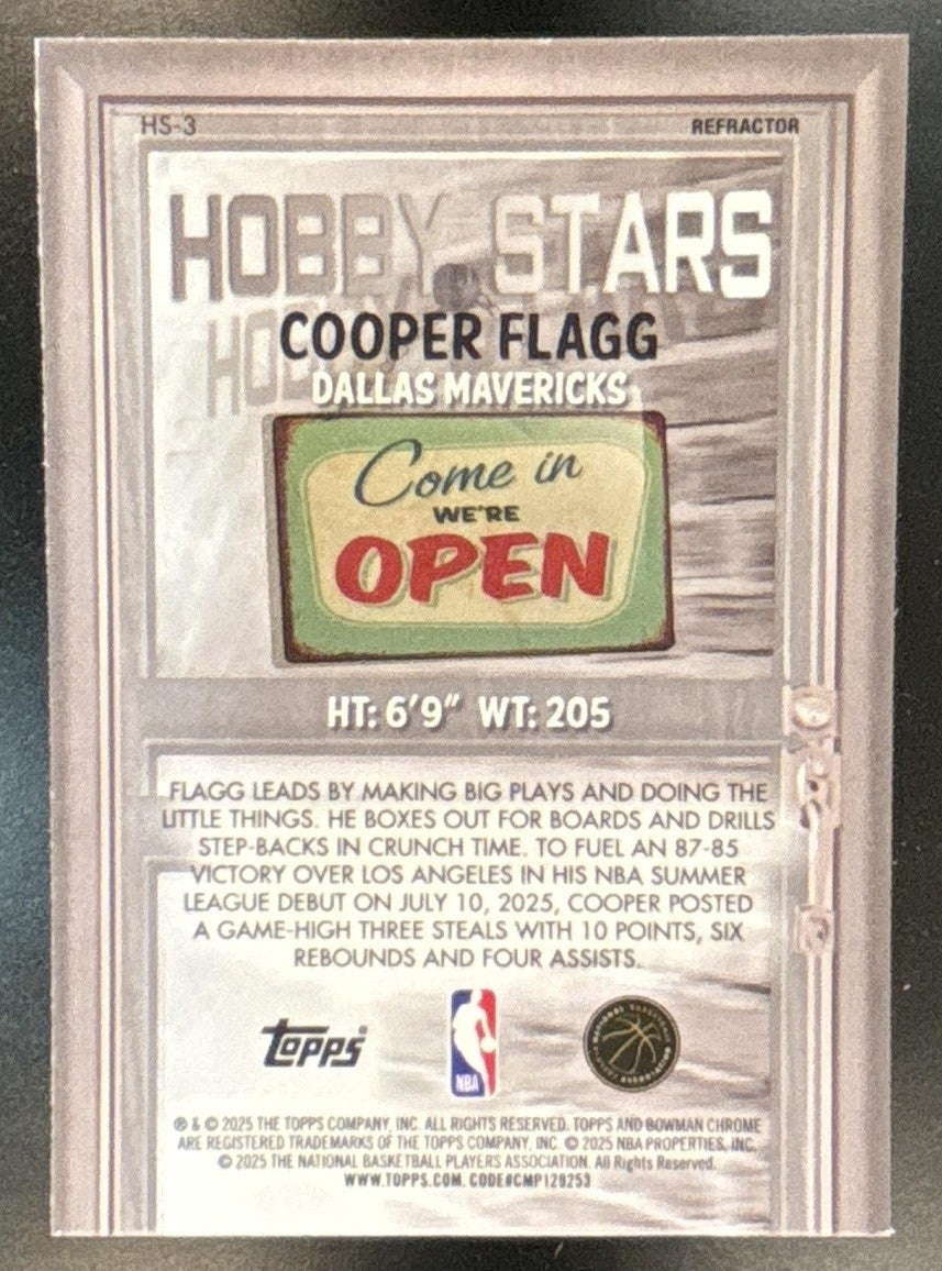 2025-26 Bowman Cooper Flagg Chrome Hobby Stars Refractor RC Dallas Mavericks - Sports Cards