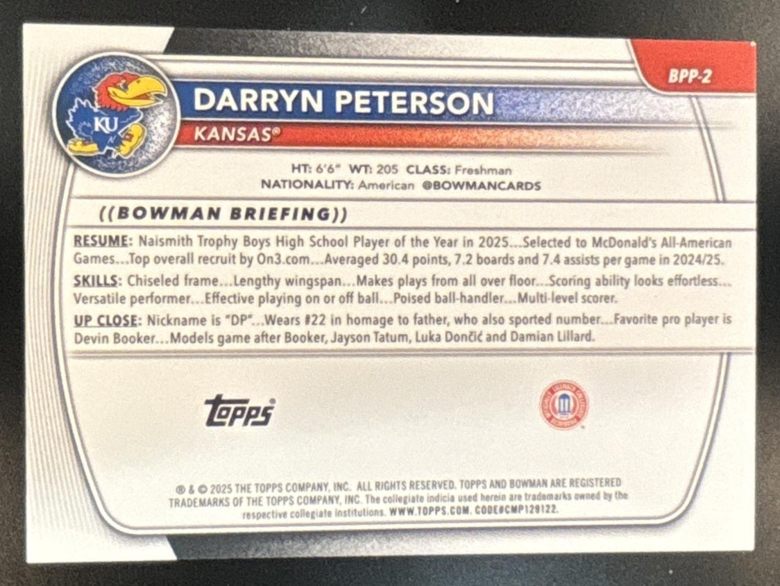 2025-26 Bowman Darryn Peterson Blue /150 #BPP-2 1st Prospect Kansas Jayhawks - Sports Cards