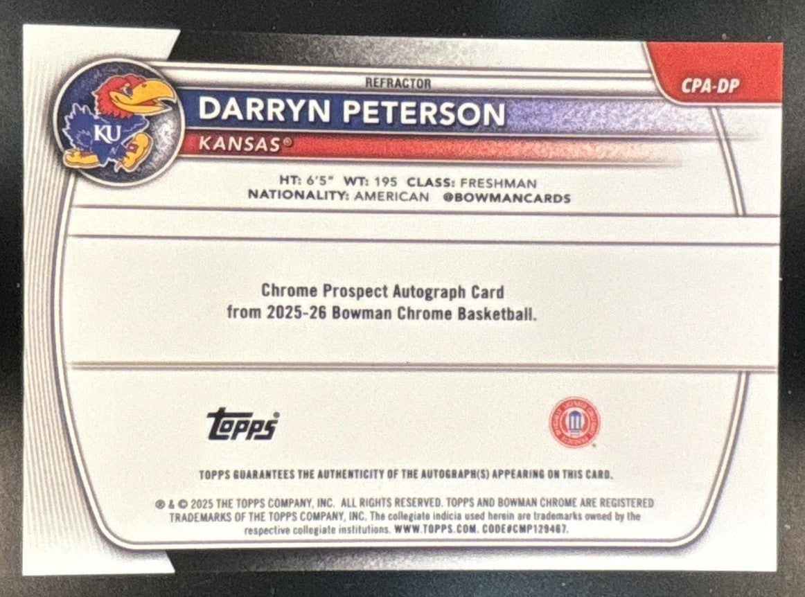 2025-26 Bowman Darryn Peterson Chrome Auto Refractor /499 1st Prospect Jayhawks - Sports Cards