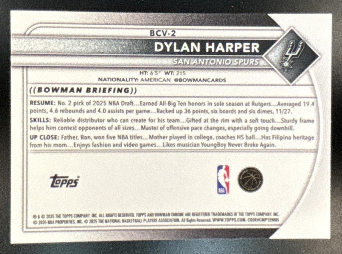 2025-26 Bowman Dylan Harper Chrome Mini Diamond #BCV-2 RC San Antonio Spurs - Sports Cards
