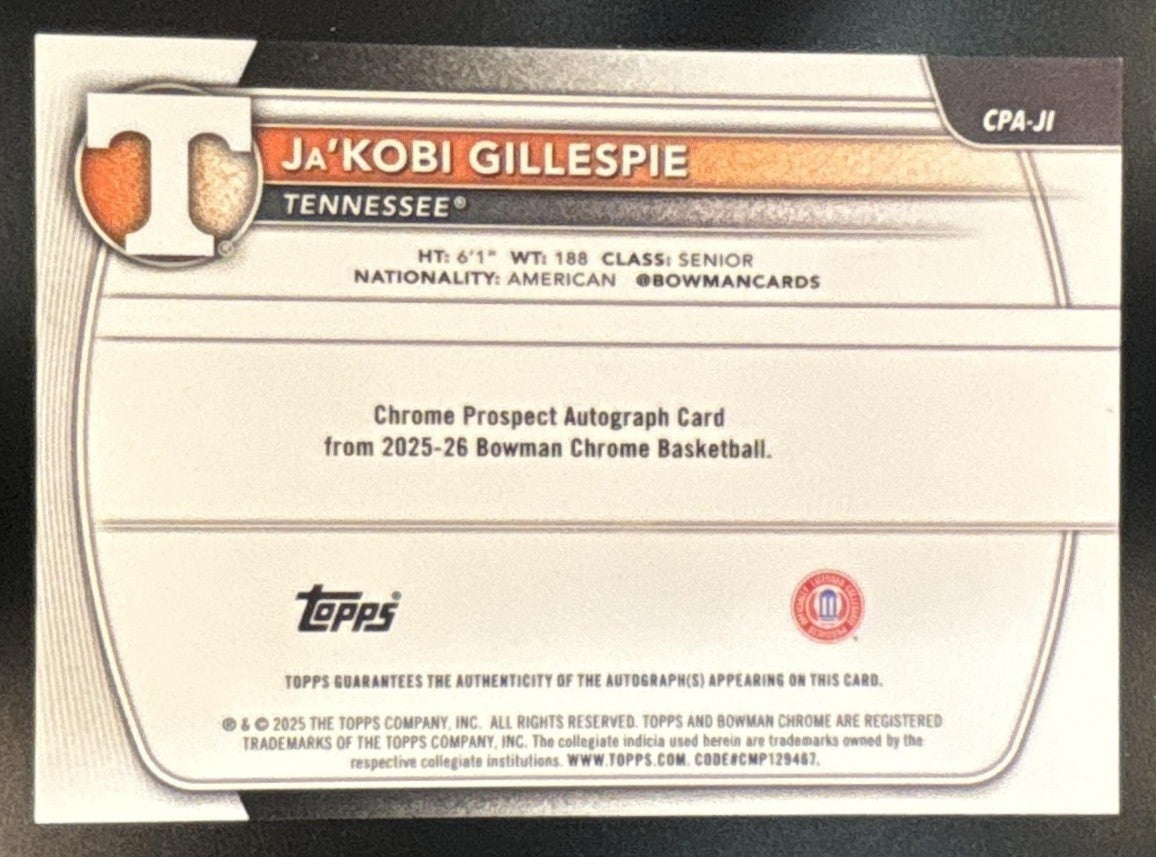 2025-26 Bowman Ja’Kobi Gillespie Chrome Auto Green Mojo /99 1st Prospect - Sports Cards
