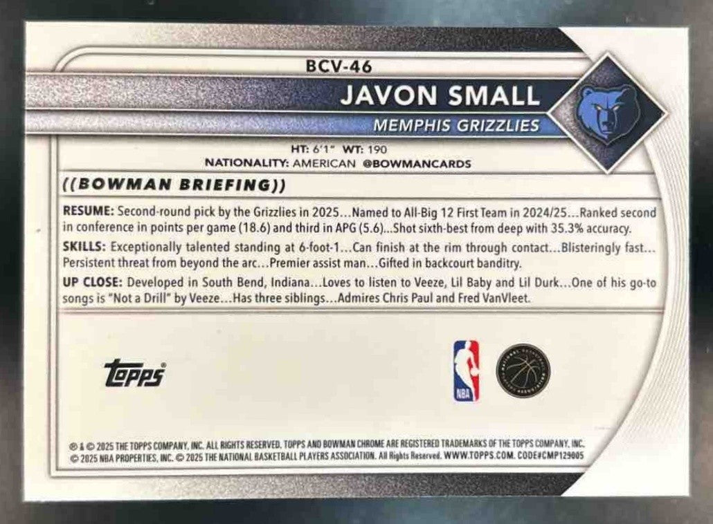 2025-26 Bowman Javon Small Chrome Reptilian Green /99 RC Memphis Grizzlies - Sports Cards
