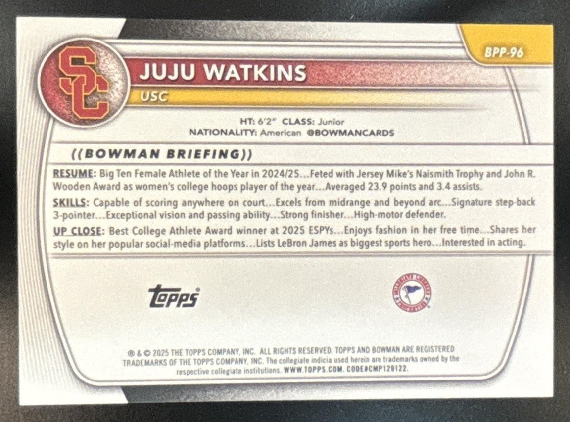 2025-26 Bowman Juju Watkins Prospects Pink Border /175 #BPP-96 USC Trojans - Sports Cards