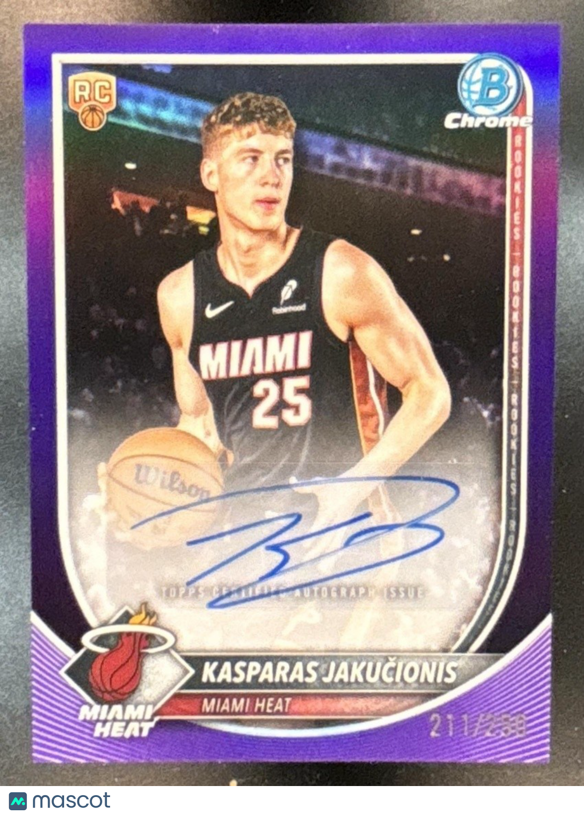 2025-26 Bowman Kasparas Jakucionis Chrome Auto Purple /250 #BCA-KJ RC Miami Heat - Sports Cards