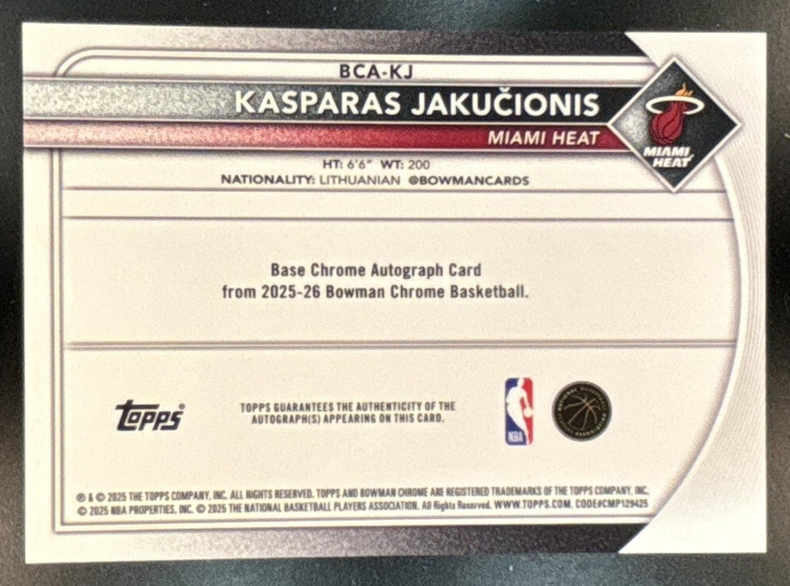 2025-26 Bowman Kasparas Jakucionis Chrome Auto Purple /250 #BCA-KJ RC Miami Heat - Sports Cards
