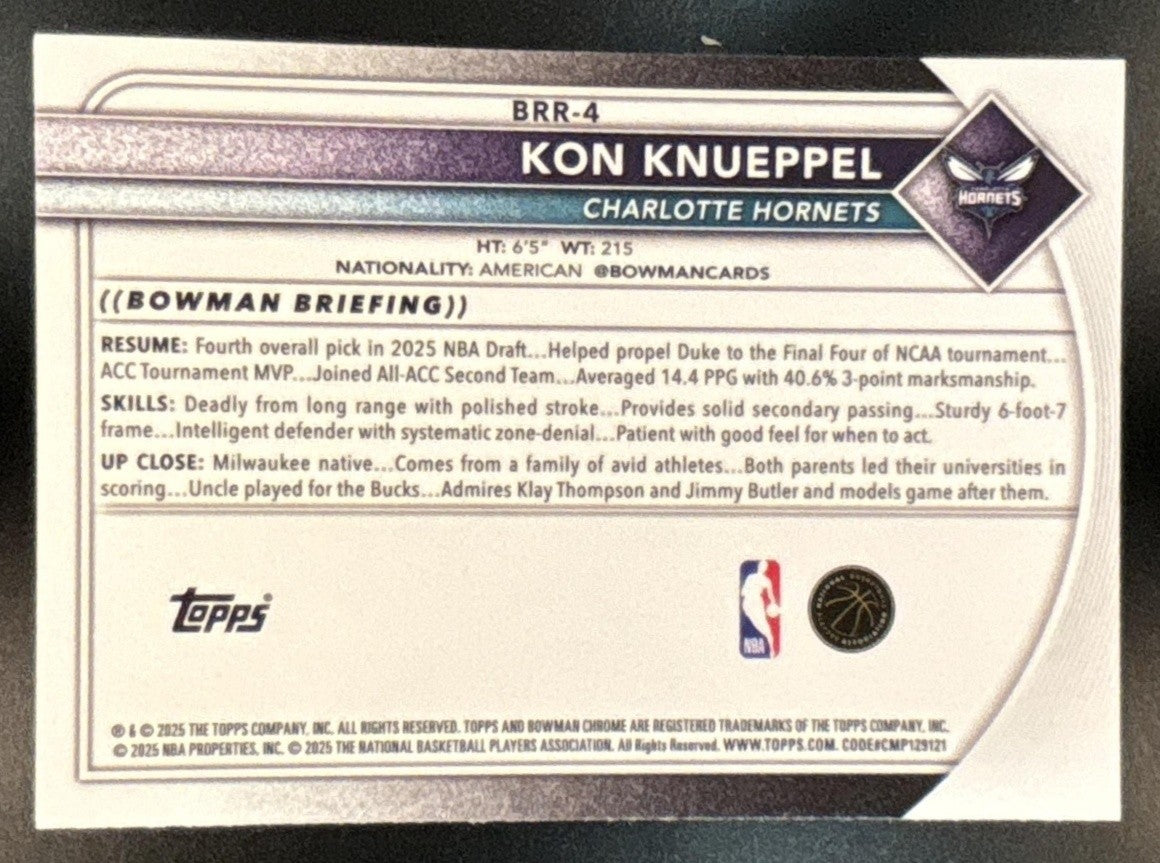 2025-26 Bowman Kon Knueppel Chrome Red Rookie Variation SP RC Charlotte Hornets - Sports Cards