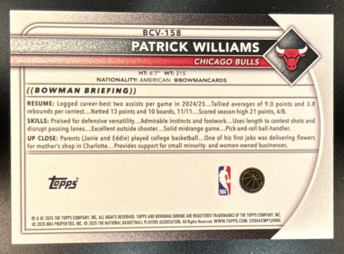 2025-26 Bowman Patrick Williams Chrome Black Geometric /10 #BCV-158 Bulls - Sports Cards
