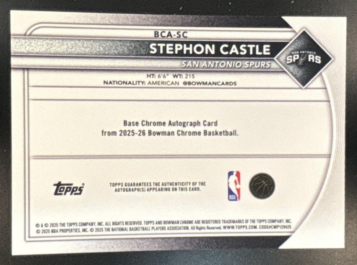 2025-26 Bowman Stephon Castle Chrome Auto Blue /150 #BCA-SC San Antonio Spurs - Sports Cards