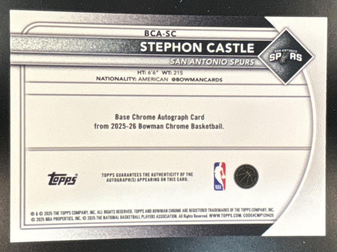 2025-26 Bowman Stephon Castle Chrome Auto Blue Geometric /150 San Antonio Spurs - Sports Cards