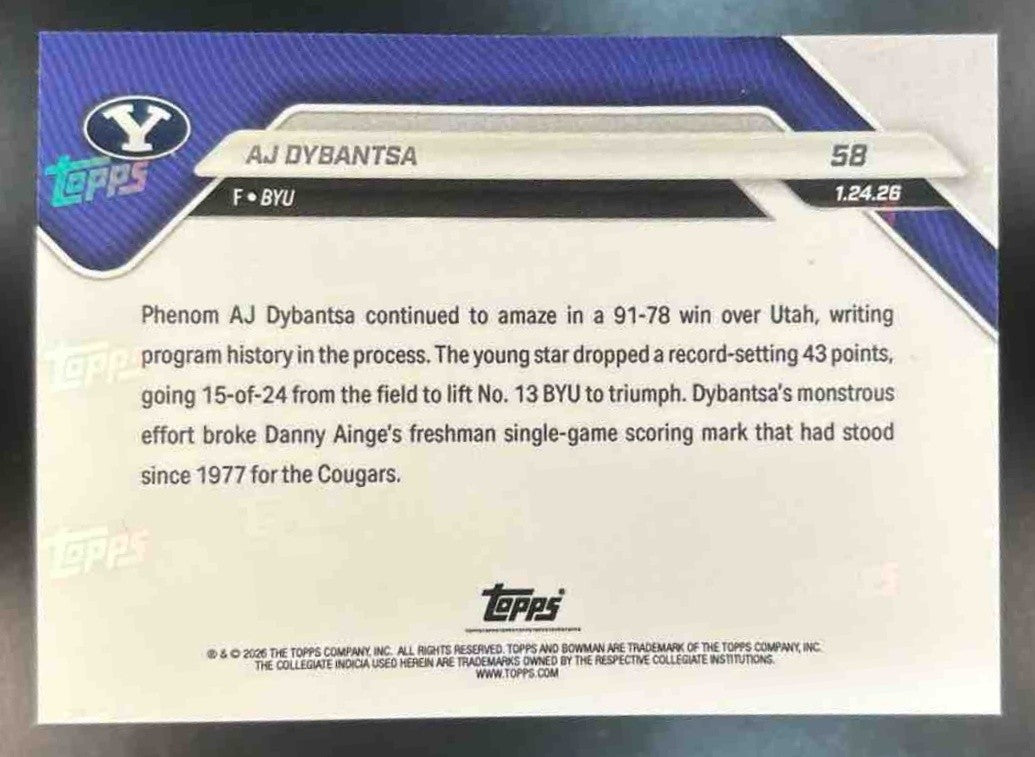2025-26 Bowman U Now AJ Dybantsa Black #d 01/10 #58 BYU #1 NBA Draft Pick - Sports Cards