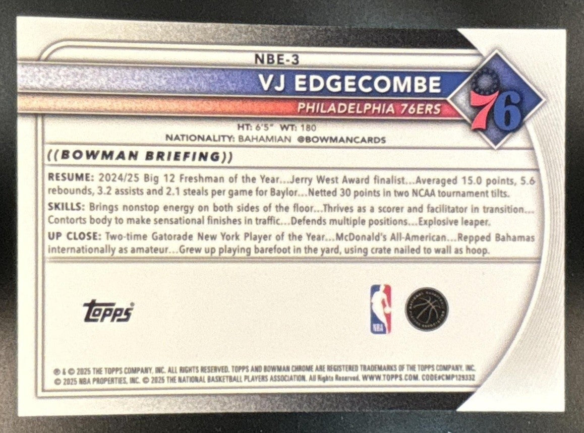 2025-26 Bowman VJ Edgecombe Chrome Etched In Glass Variation #NBE-3 SP RC 76ers - Sports Cards