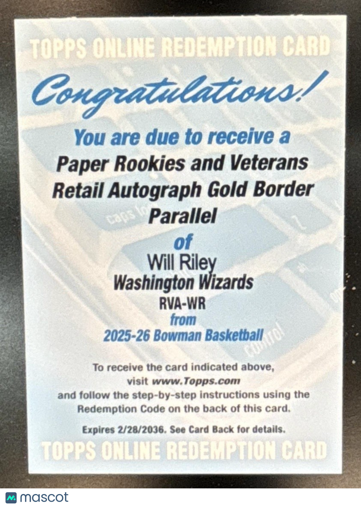 2025-26 Bowman Will Riley Paper Auto Gold REDEMPTION /50 RC Washington Wizards - Sports Cards