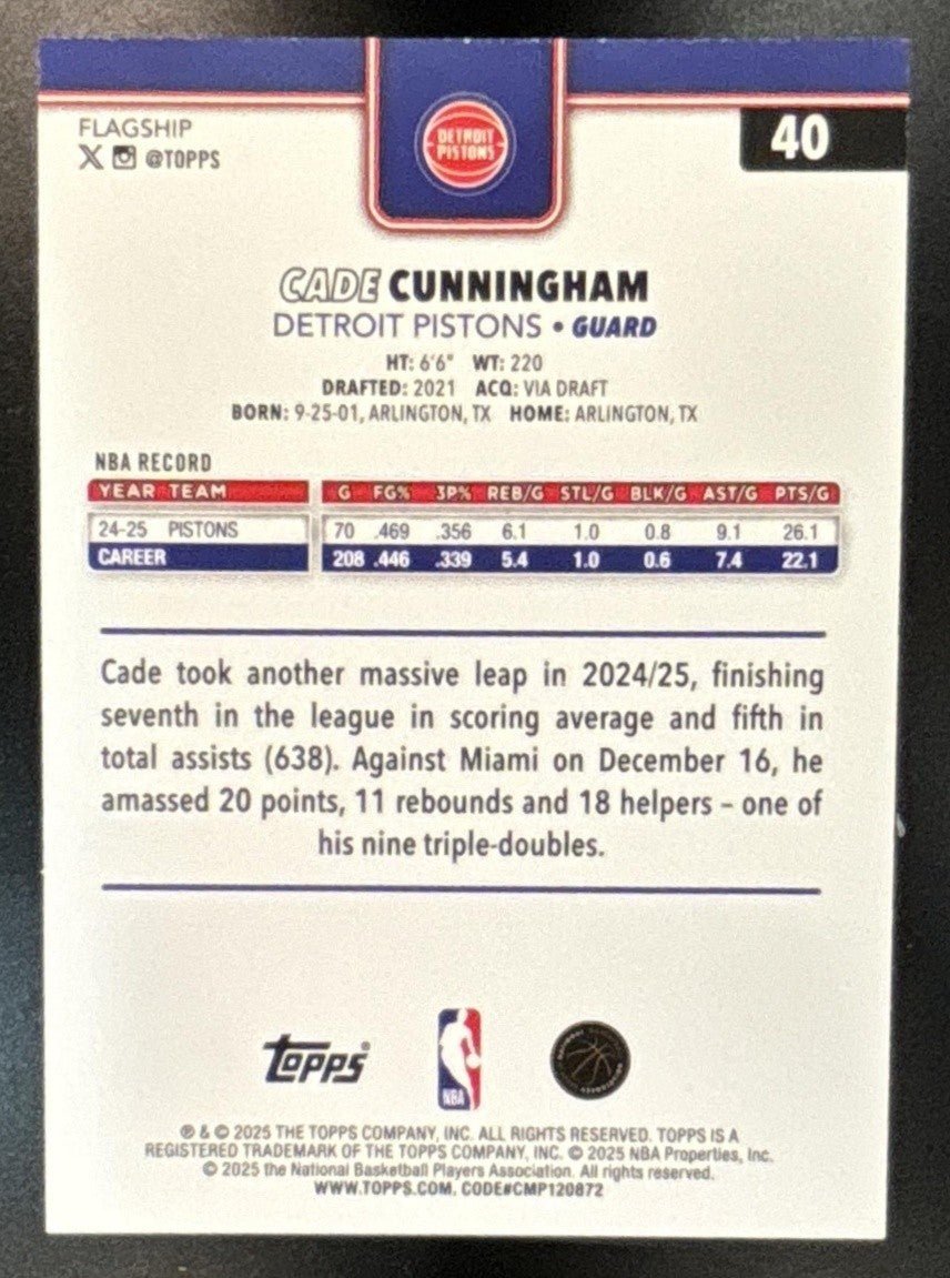 2025-26 Topps Cade Cunningham Gold Foil /50 #40 Detroit Pistons - Sports Cards