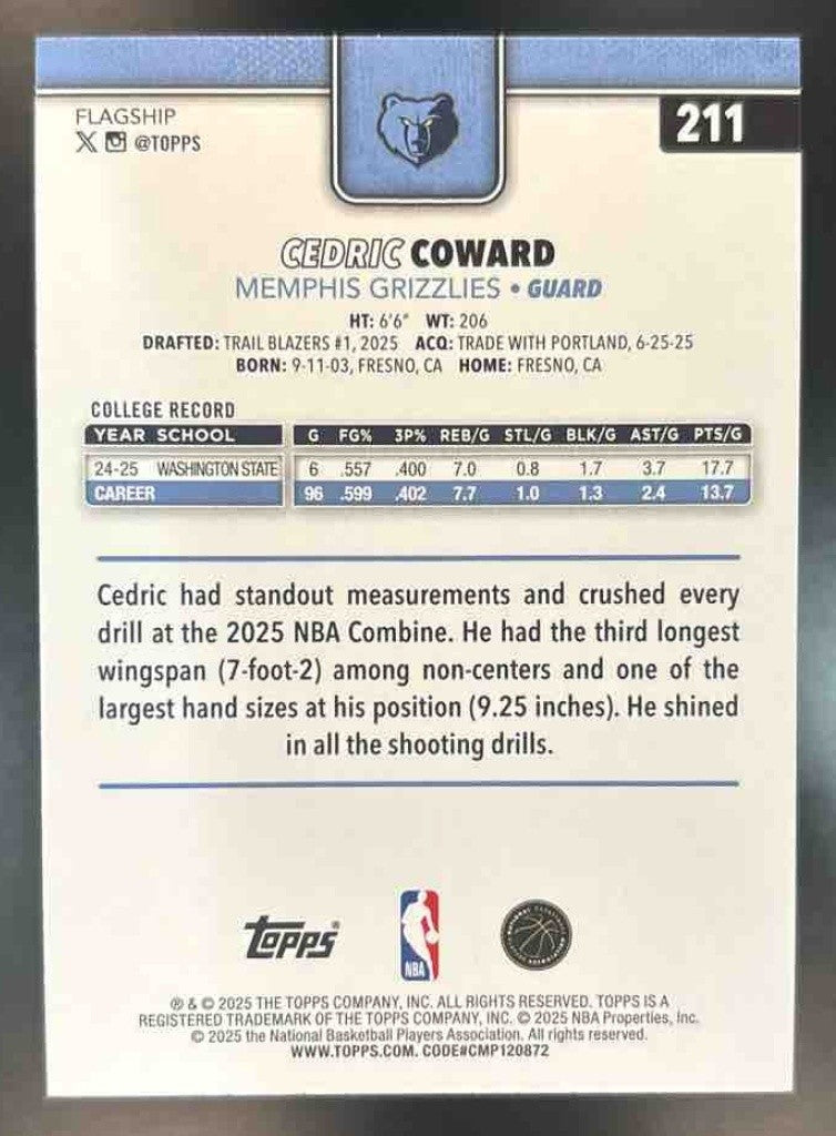 2025-26 Topps Cedric Coward Holo Foil #211 RC Memphis Grizzlies - Sports Cards