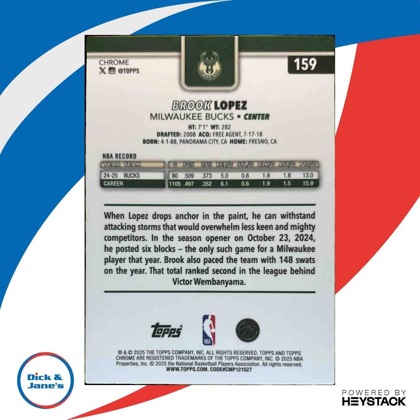 2025-26 Topps Chrome Brook Lopez Teal Refractor 74/299 #159 Milwaukee Bucks - Sports Cards