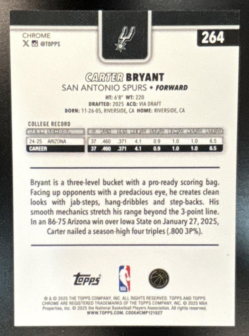 2025-26 Topps Chrome Carter Bryant Blue X-Fractor #264 RC Spurs - Sports Cards