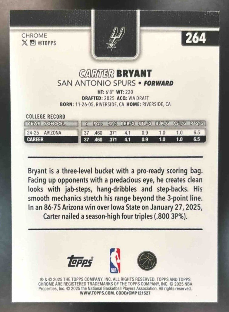 2025-26 Topps Chrome Carter Bryant Skylight Refractor #264 RC San Antonio Spurs - Sports Cards