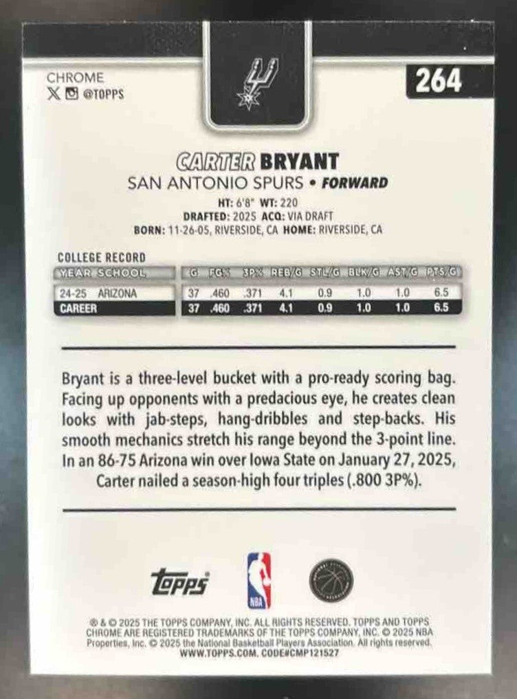 2025-26 Topps Chrome Carter Bryant Skylight Refractor #264 RC San Antonio Spurs - Sports Cards