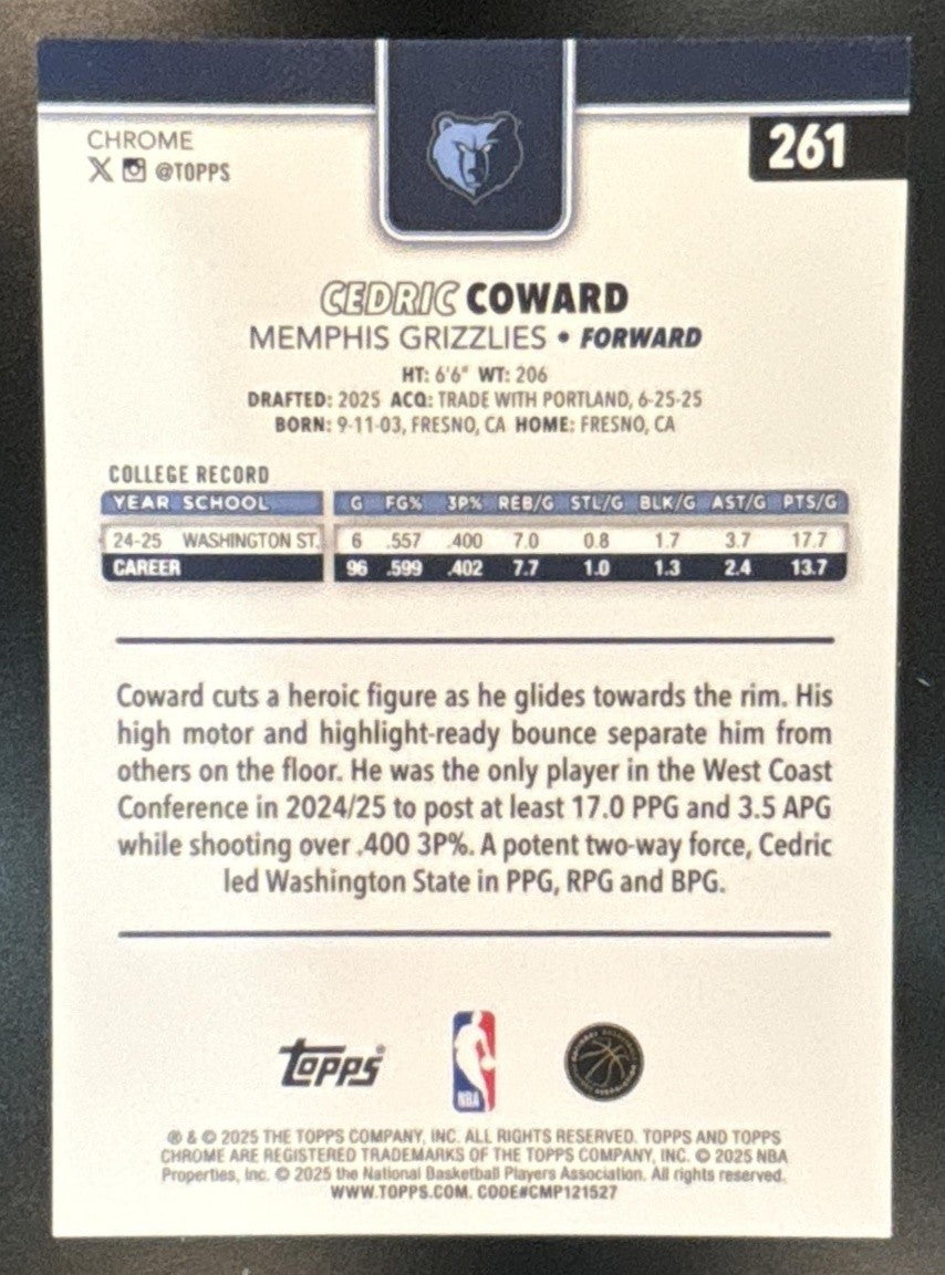 2025-26 Topps Chrome Cedric Coward Blue X-Fractor #261 RC Memphis Grizzlies - Sports Cards