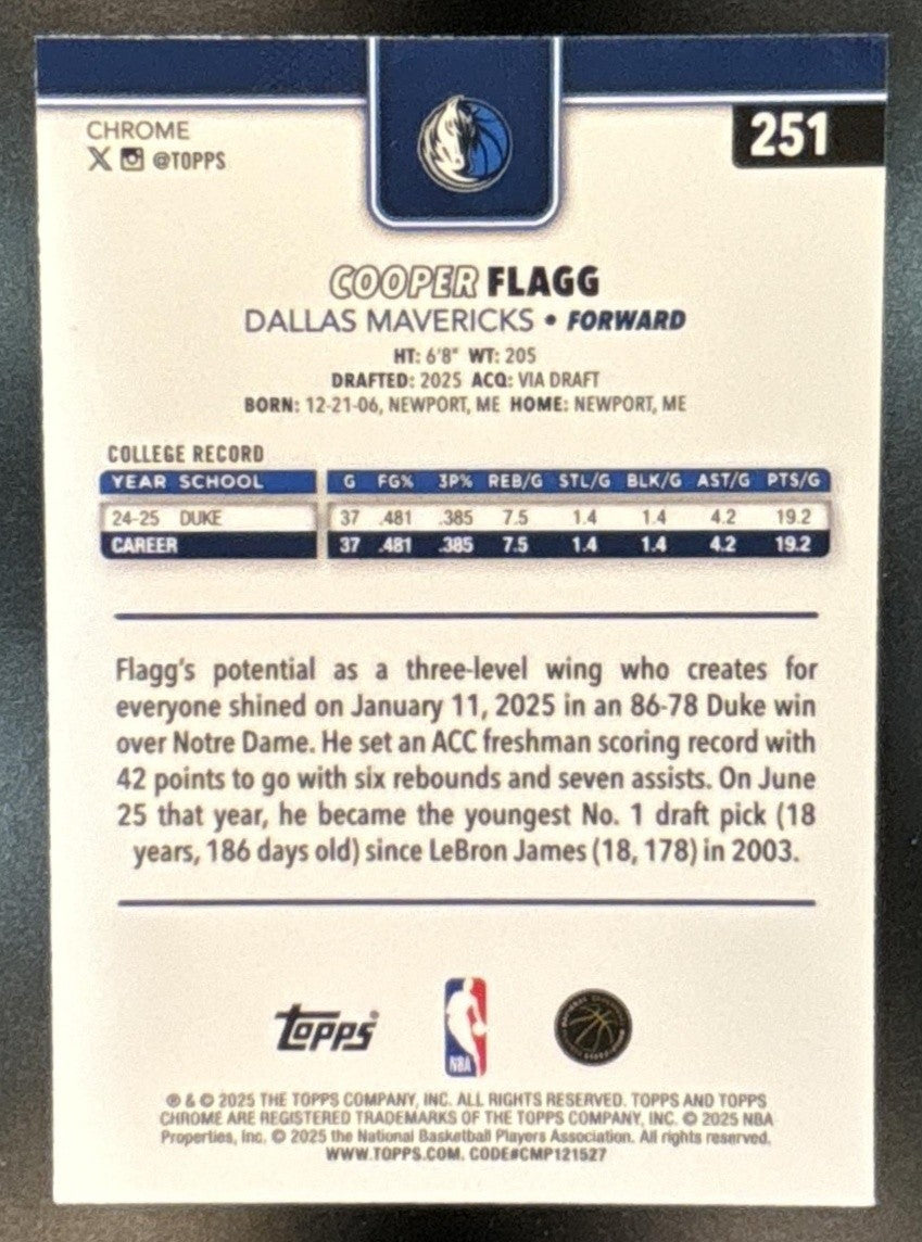 2025-26 Topps Chrome Cooper Flagg Prism Refractor #251 RC Dallas Mavericks - Sports Cards