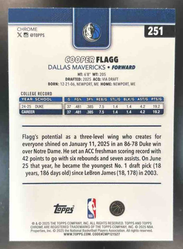 2025-26 Topps Chrome Cooper Flagg Refractor #251 RC Dallas Mavericks - Sports Cards