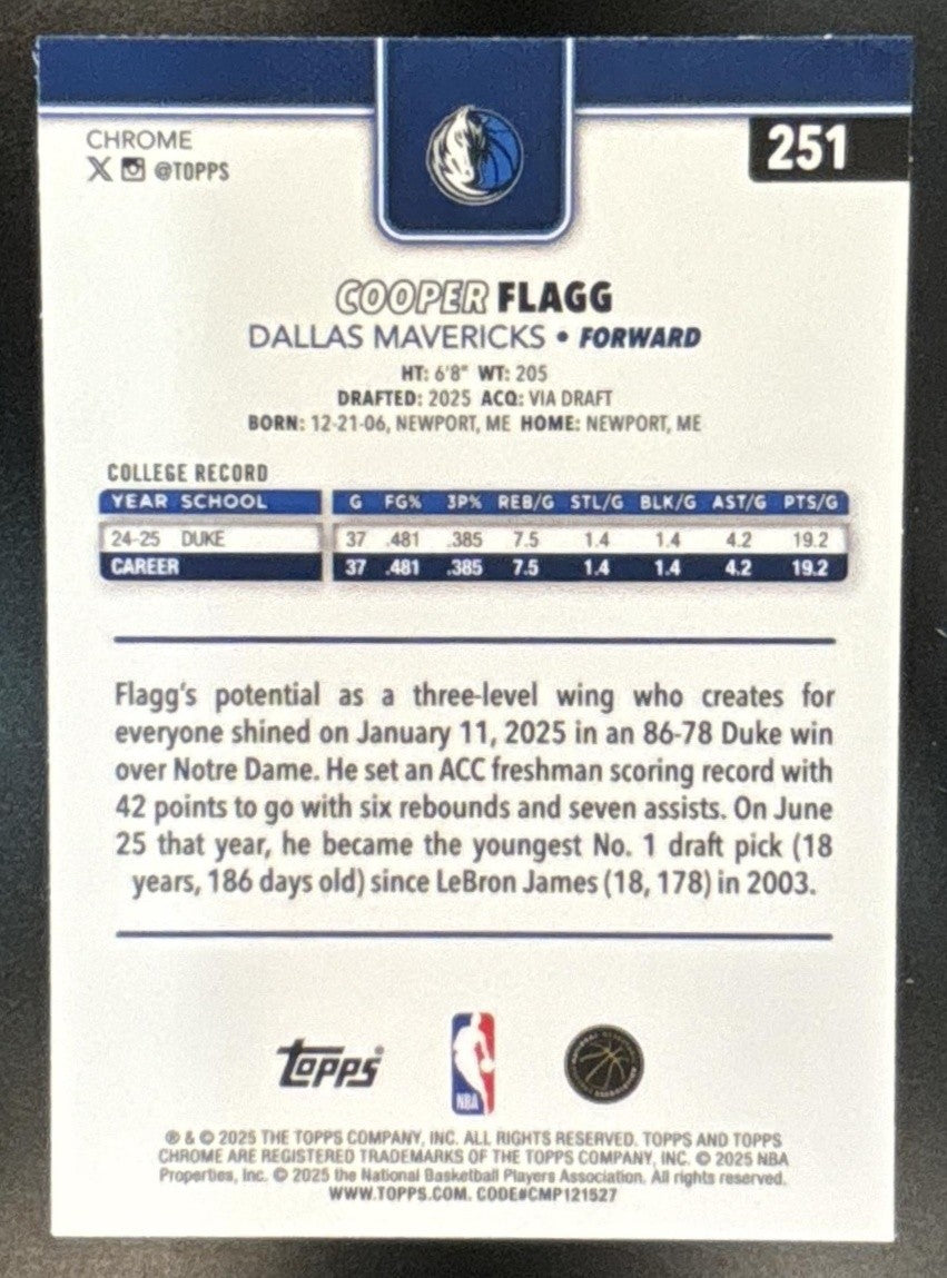 2025-26 Topps Chrome Cooper Flagg Refractor #251 RC Dallas Mavericks - Sports Cards