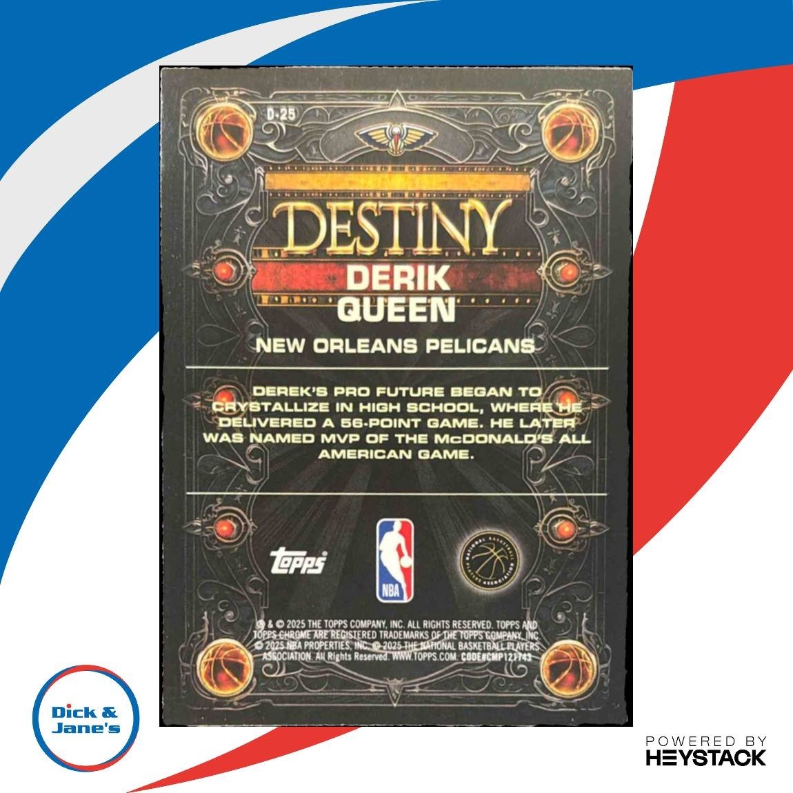 2025-26 Topps Chrome Derik Queen Destiny #D-25 RC New Orleans Pelicans - Sports Cards