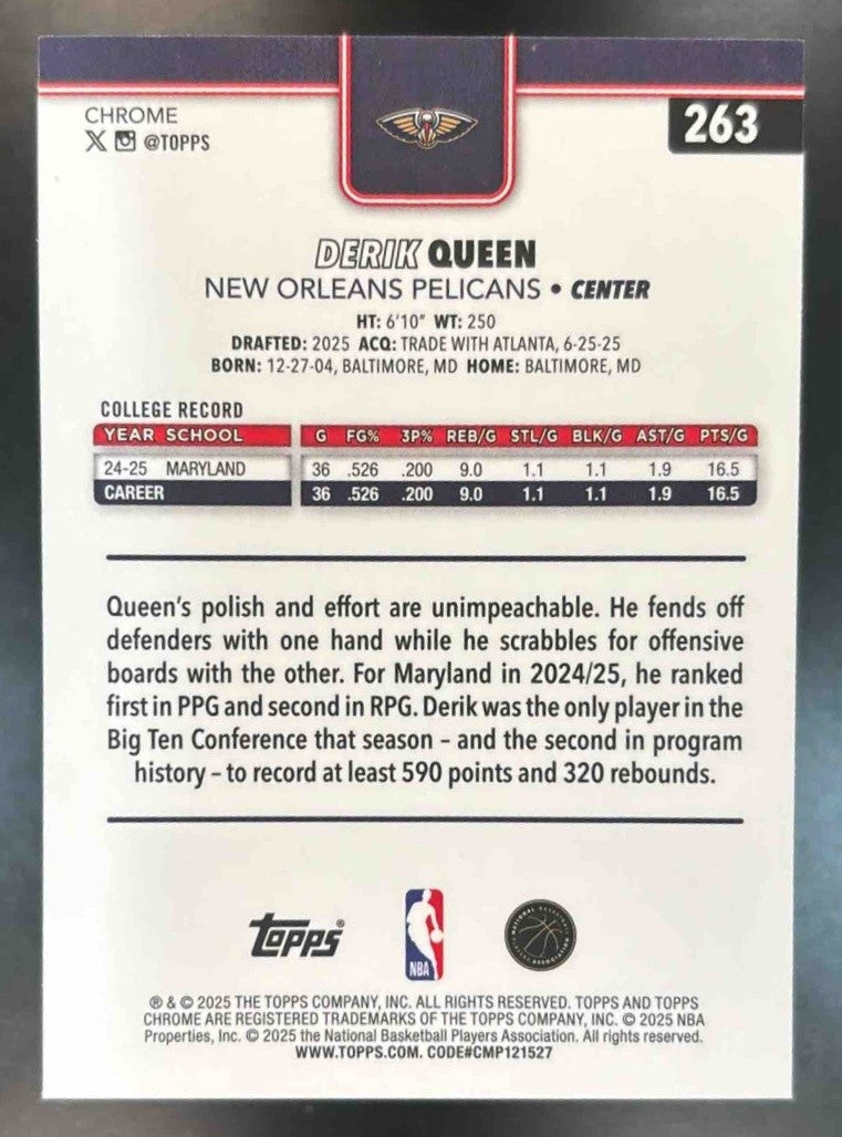 2025-26 Topps Chrome Derik Queen X-Fractor #263 RC New Orleans Pelicans - Sports Cards