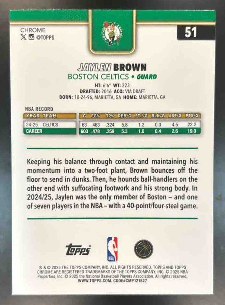 2025-26 Topps Chrome Jaylen Brown Negative Refractor #51 Boston Celtics - Sports Cards