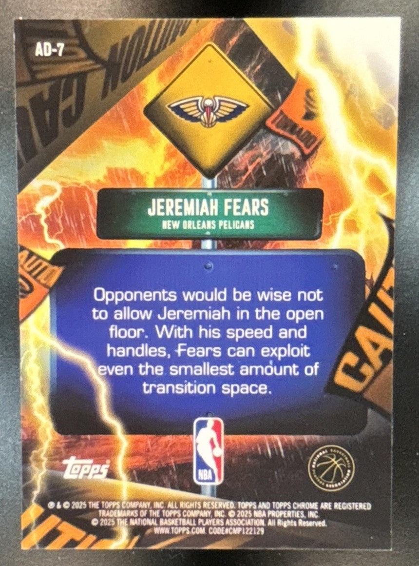 2025-26 Topps Chrome Jeremiah Fears Advisory #AD-7 RC SSP New Orleans Pelicans - Sports Cards