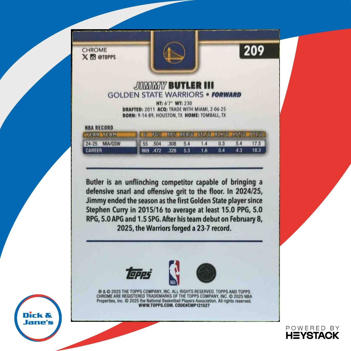 2025-26 Topps Chrome Jimmy Butler III RayWave Yellow /275 #209 Warriors - Sports Cards