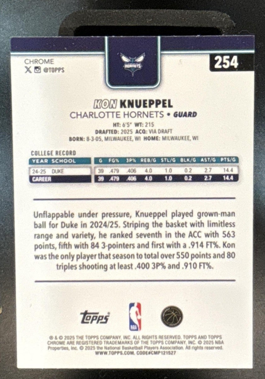 2025-26 Topps Chrome Kon Knueppel X-Fractor #254 RC Charlotte Hornets - Sports Cards