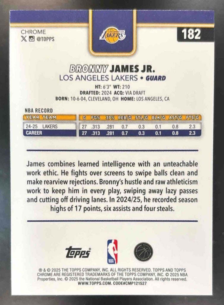 2025-26 Topps Chrome Sapphire Bronny James Jr. Purple /75 #182 Los Angeles Laker - Sports Cards