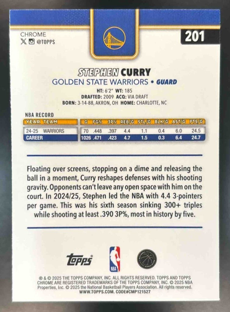 2025-26 Topps Chrome Stephen Curry Basketball Refractor #201 Warriors - Sports Cards