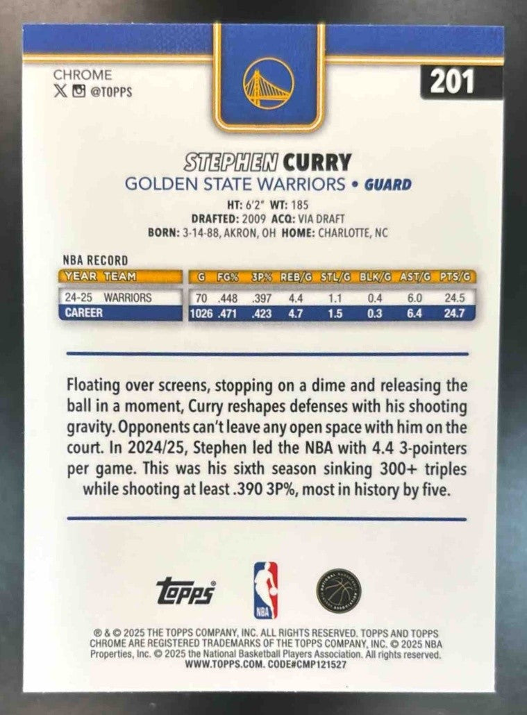 2025-26 Topps Chrome Stephen Curry Prism Refractor #201 Golden State Warriors - Sports Cards