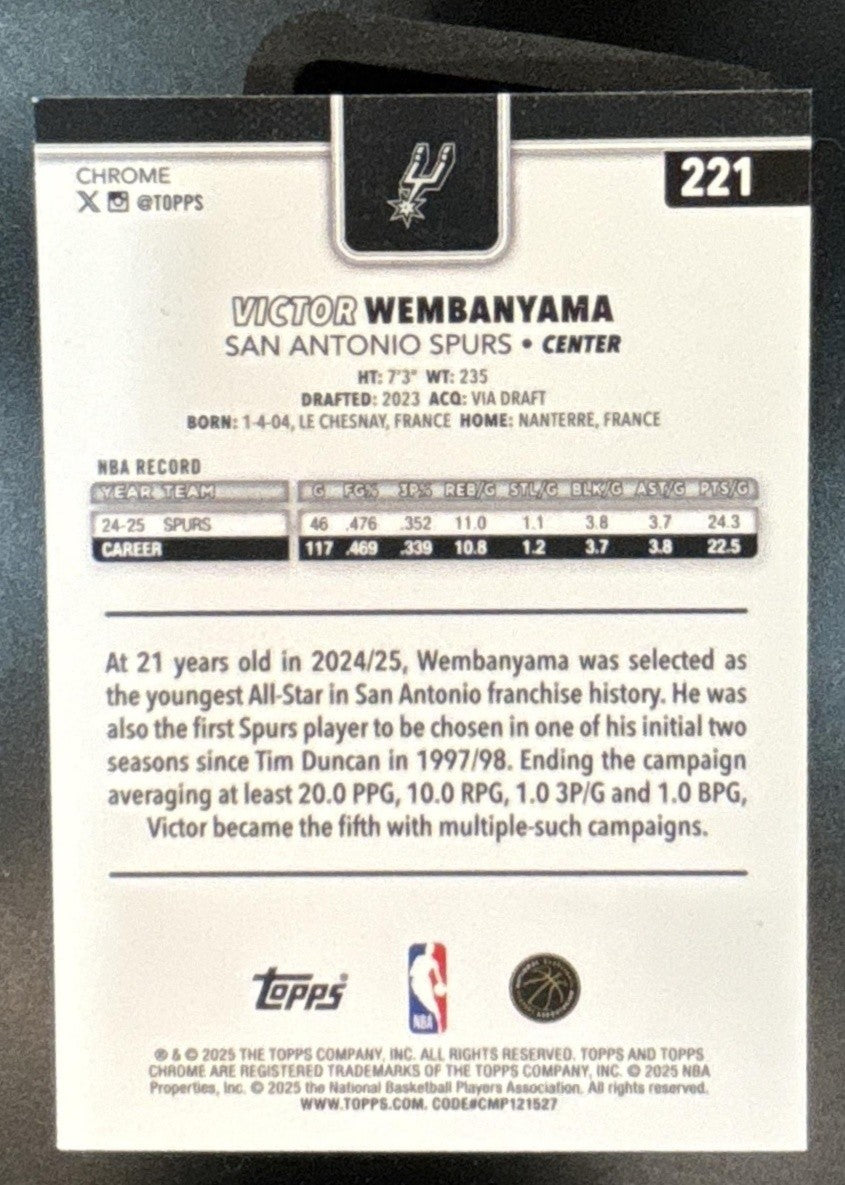2025-26 Topps Chrome Victor Wembanyama X-Fractor #221 San Antonio Spurs - Sports Cards