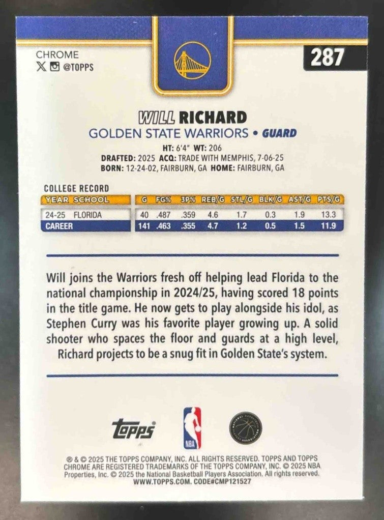 2025-26 Topps Chrome Will Richard Skylight #287 RC Golden State Warriors - Sports Cards