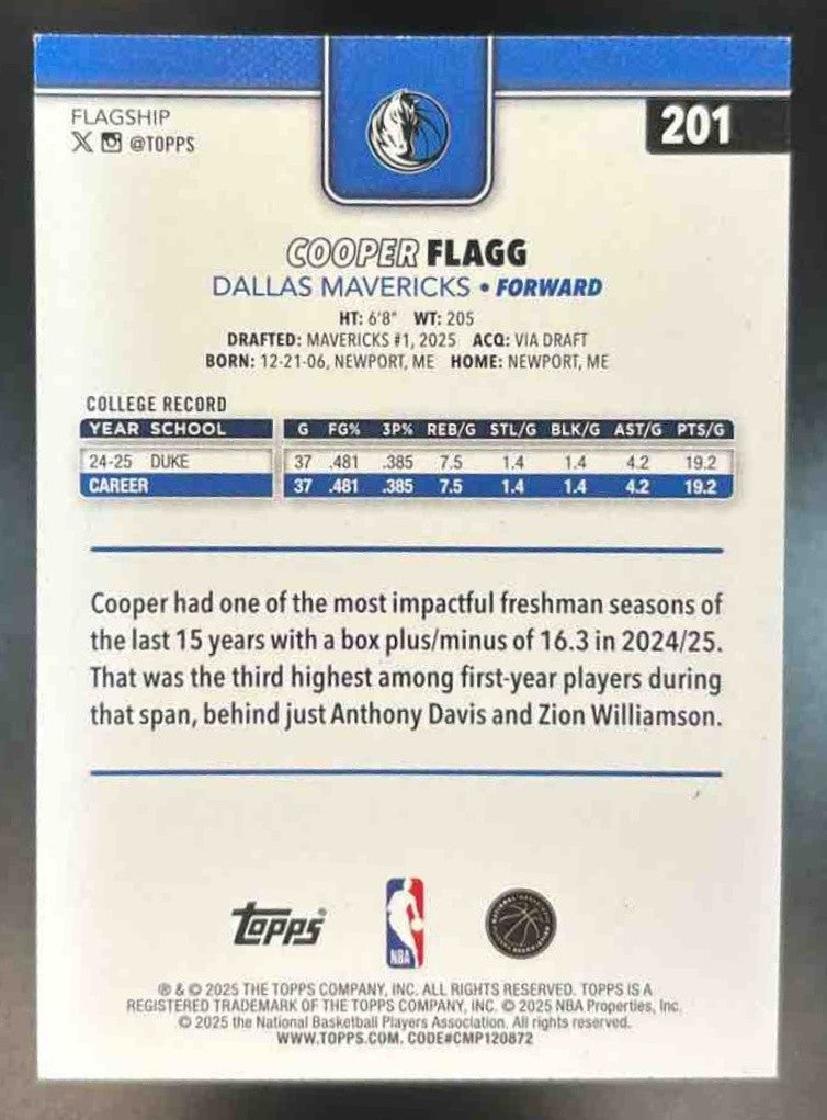 2025-26 Topps Cooper Flagg #201 RC Mavericks - Sports Cards