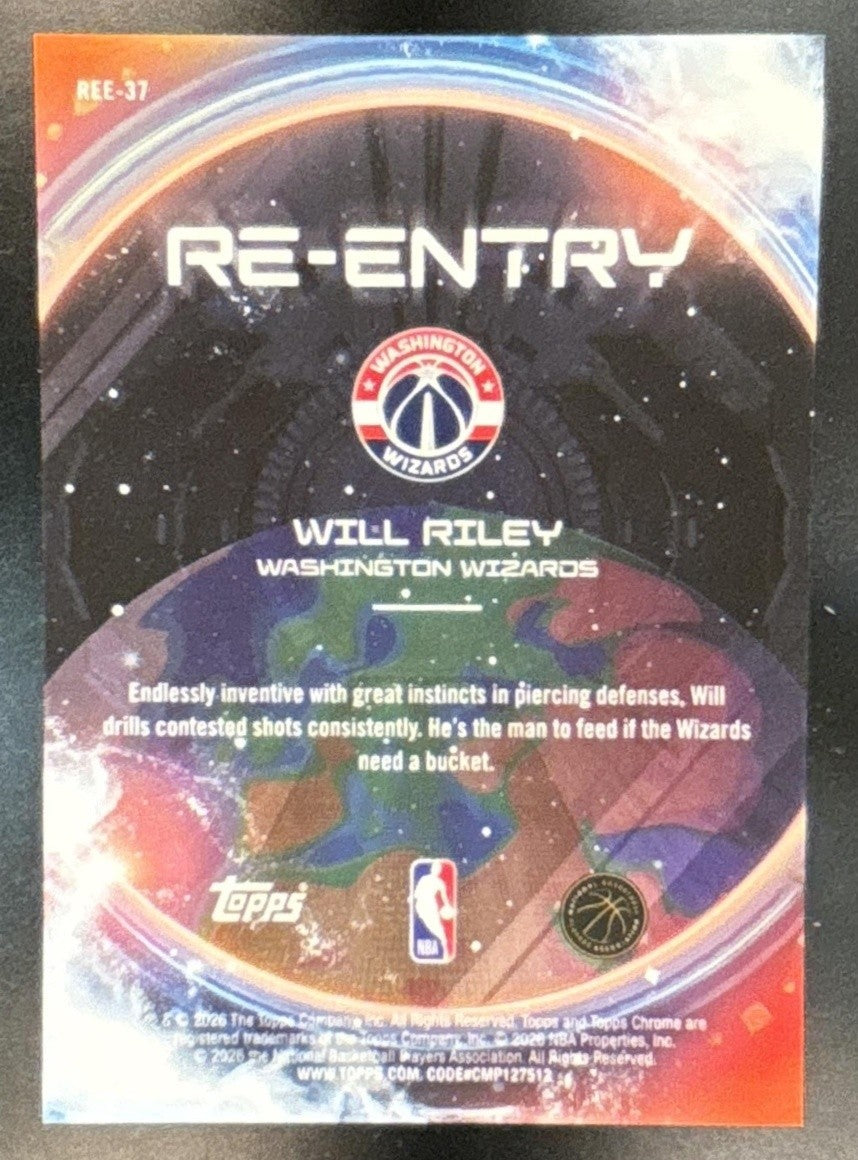 2025-26 Topps Cosmic Chrome Will Riley Re-Entry #REE-37 RC Washington Wizards - Sports Cards