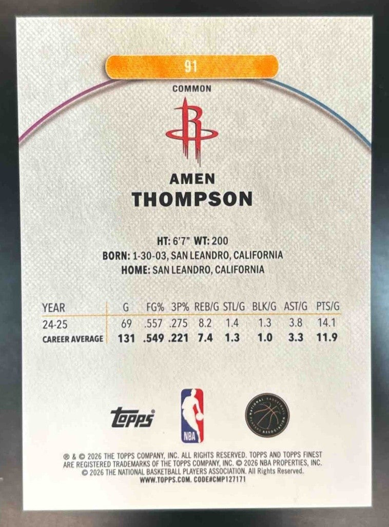 2025-26 Topps Finest Amen Thompson Purple Refractor /250 #91 Houston Rockets - Sports Cards