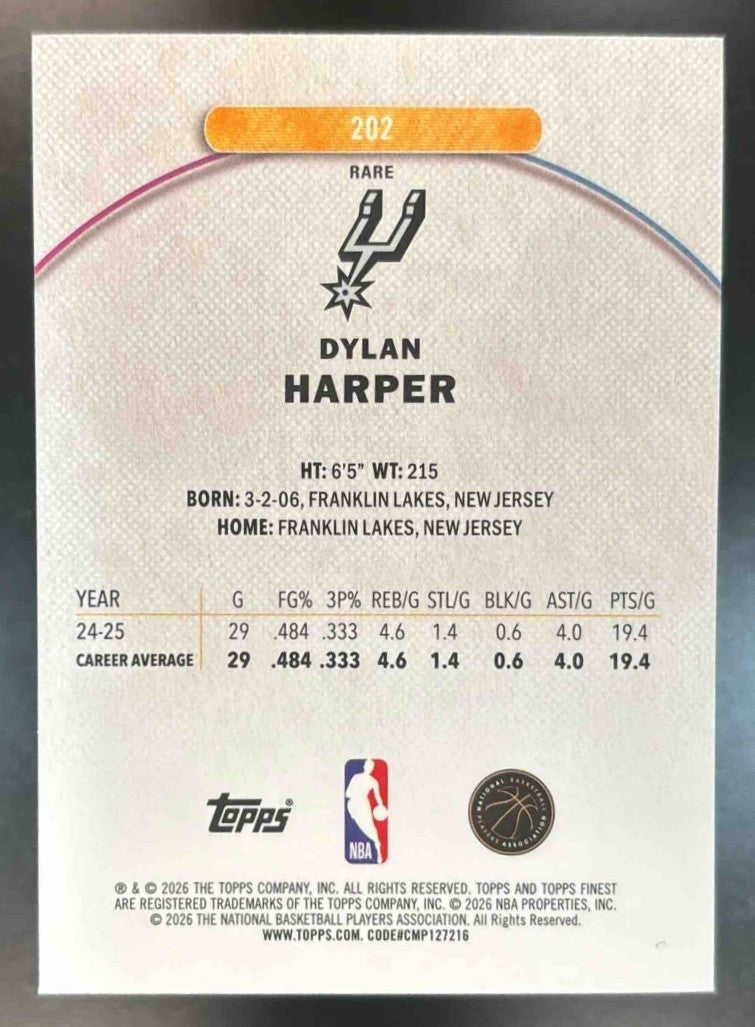 2025-26 Topps Finest Dylan Harper Rare #202 RC San Antonio Spurs - Sports Cards