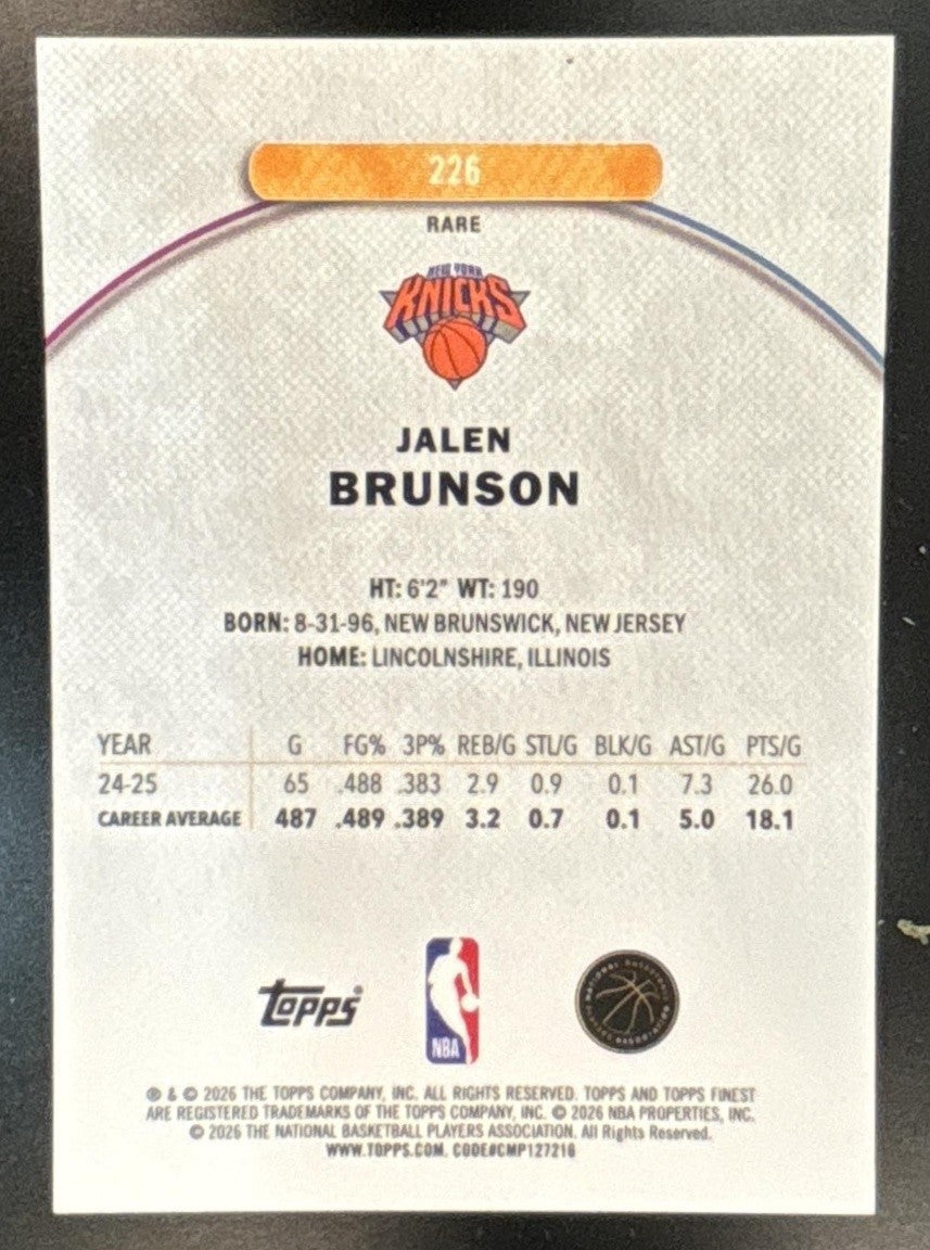 2025-26 Topps Finest Jalen Brunson Purple Geometric /50 #226 New York Knicks - Sports Cards