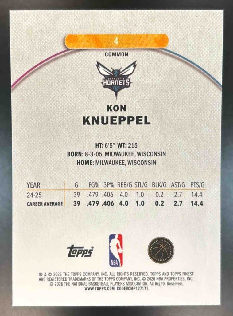 2025-26 Topps Finest Kon Knueppel #4 RC Charlotte Hornets - Sports Cards