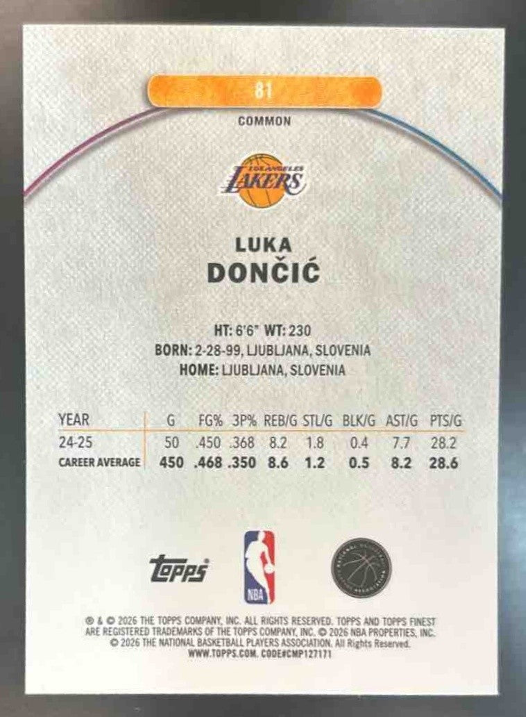 2025-26 Topps Finest Luka Doncic Common #81 Los Angeles Lakers - Sports Cards