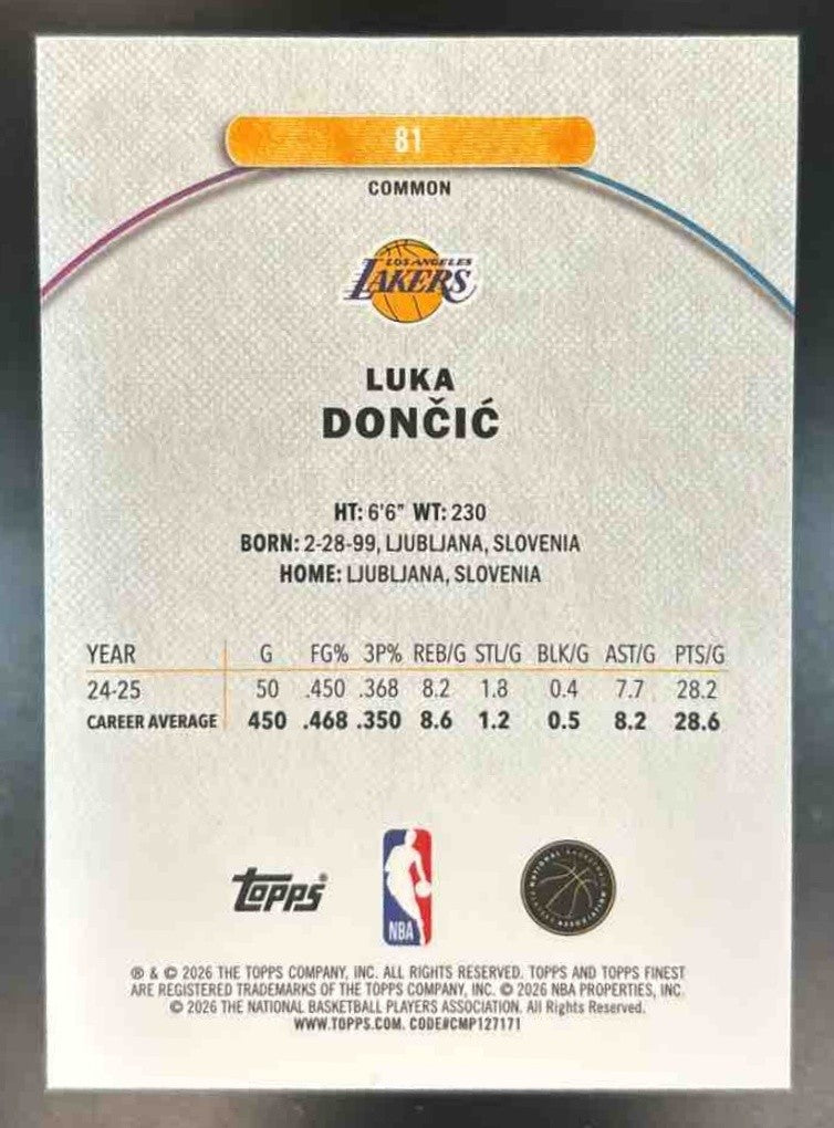 2025-26 Topps Finest Luka Doncic Common #81 Los Angeles Lakers - Sports Cards