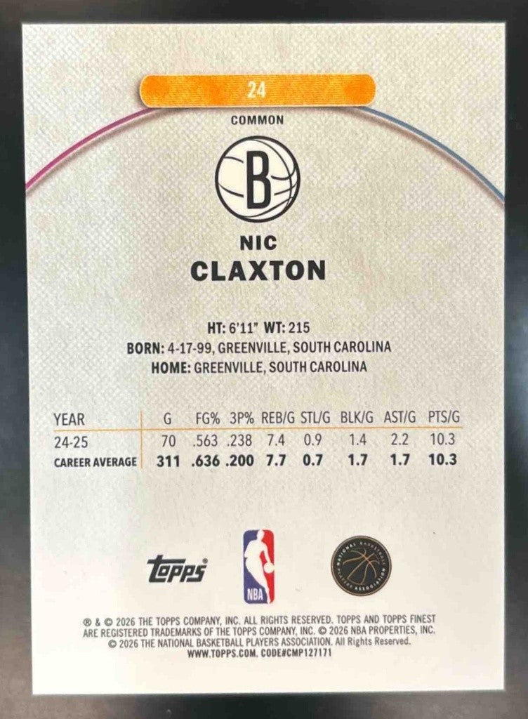 2025-26 Topps Finest Nic Claxton Sky Blue Refractor /350 #24 Brooklyn Nets - Sports Cards