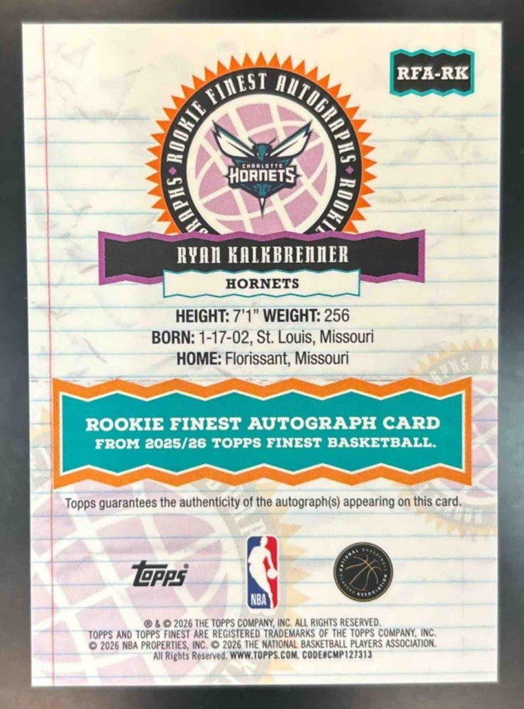 2025-26 Topps Finest Ryan Kalkbrenner Auto Blue XFractor /99 RC Charlotte Hornet - Sports Cards