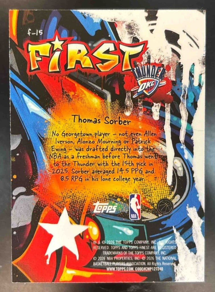 2025-26 Topps Finest Thomas Sorber First Sky Blue /150 RC Oklahoma City Thunder - Sports Cards