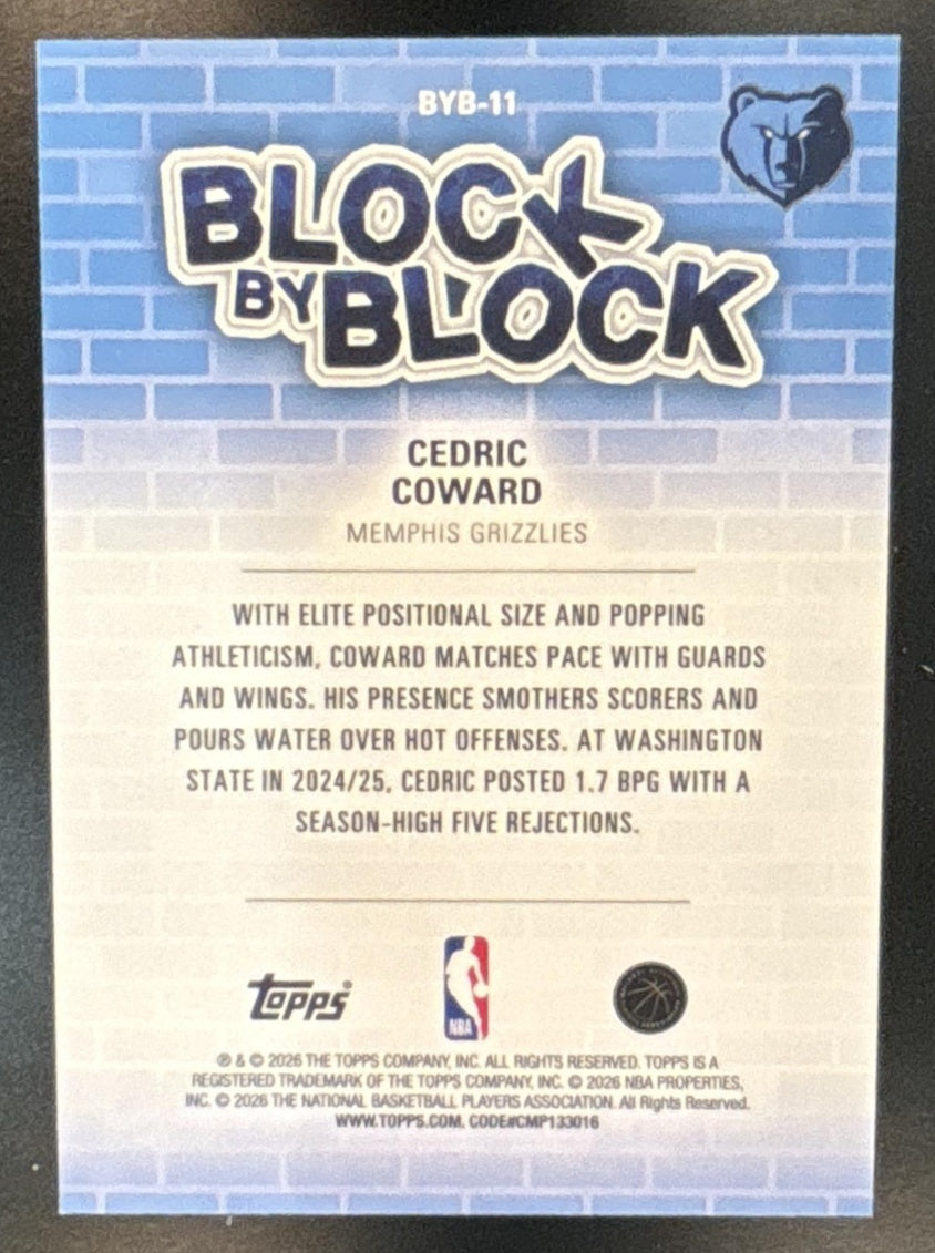 2025-26 Topps Hoops Cedric Coward Block by #BYB-11 RC SSP Memphis Grizzlies - Sports Cards