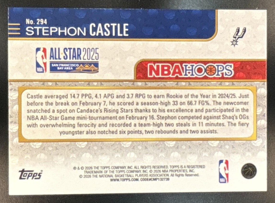 2025-26 Topps Hoops Stephon Castle Rainbow Green and Blue /249 #294 Spurs - Sports Cards